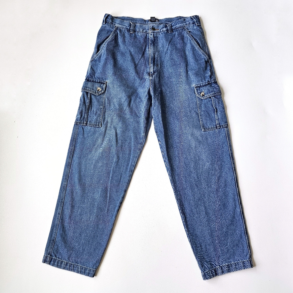 Vintage Junction West 90s Y2K Denim Cargo Pants Size 34 Blue Utility Workwear